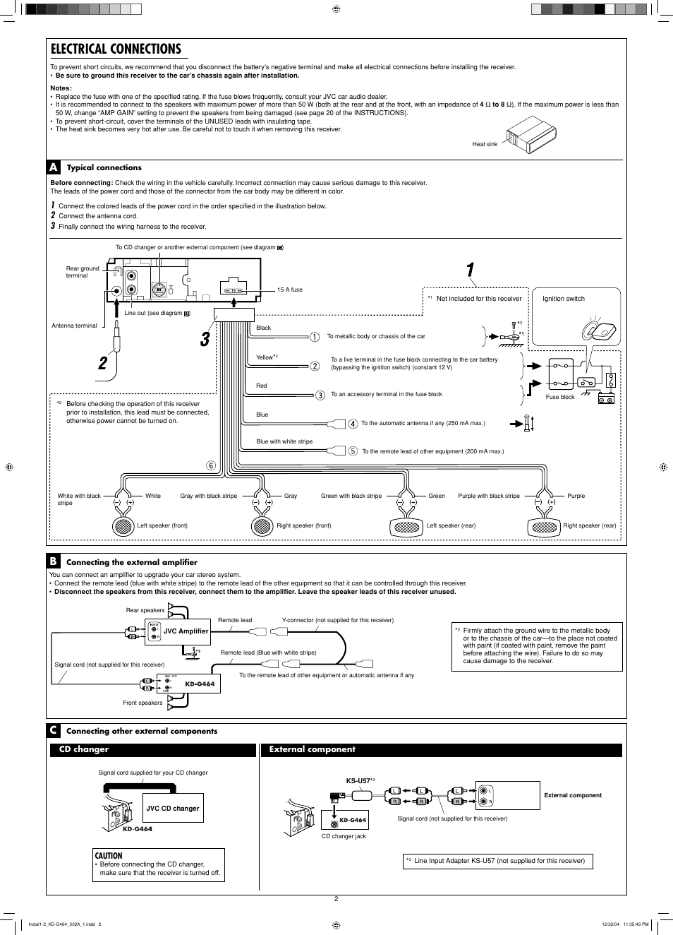 Electrical connections, Cd changer, Caution | External component | JVC KD-G464 User Manual | Page 32 / 32