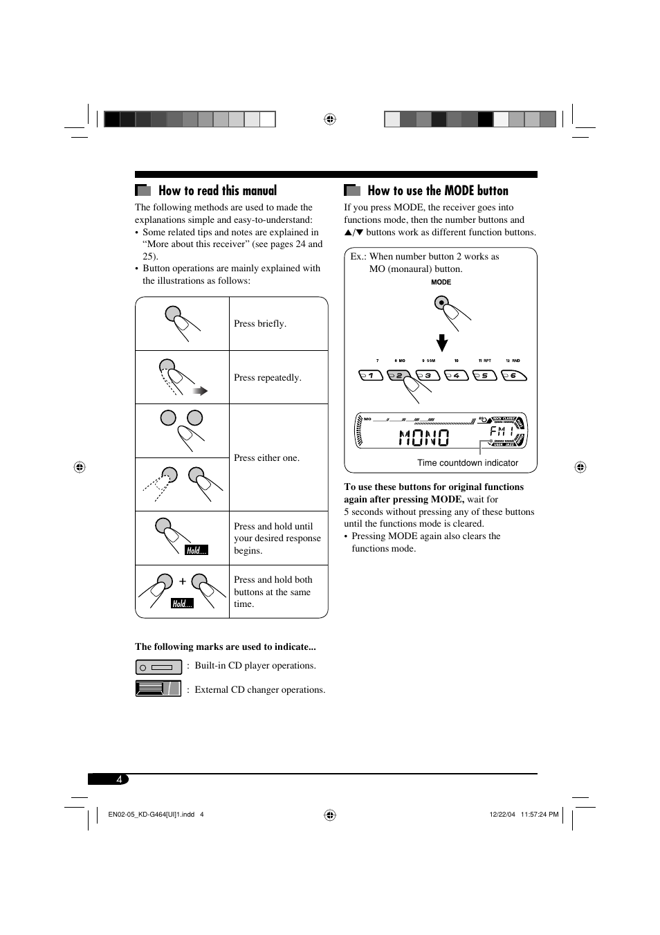 How to read this manual, How to use the mode button | JVC KD-G464 User Manual | Page 4 / 32