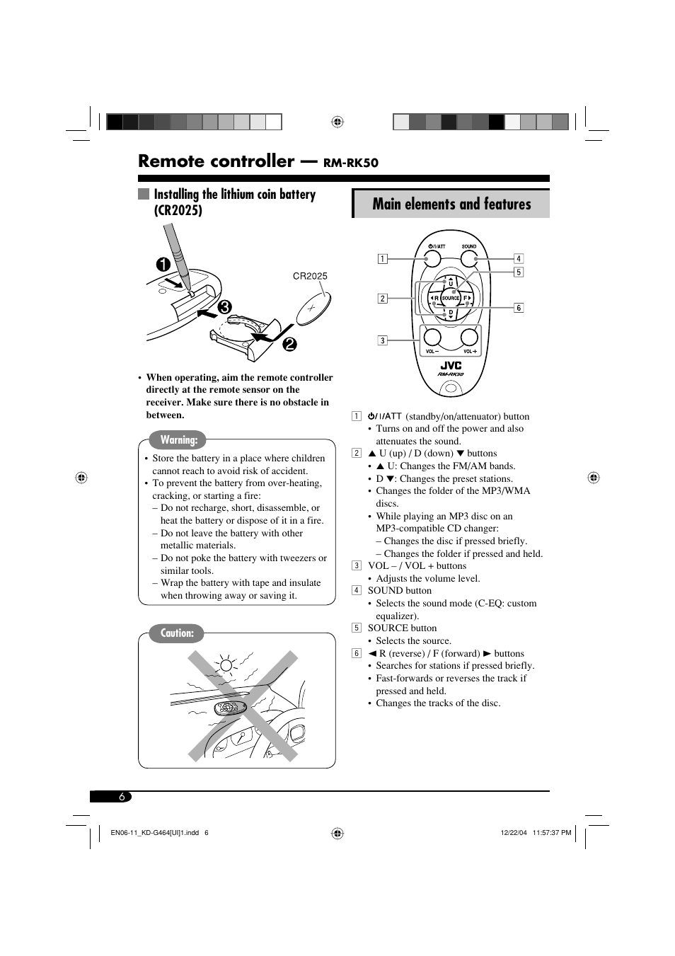 Remote controller, Main elements and features, Installing the lithium coin battery (cr2025) | JVC KD-G464 User Manual | Page 6 / 32