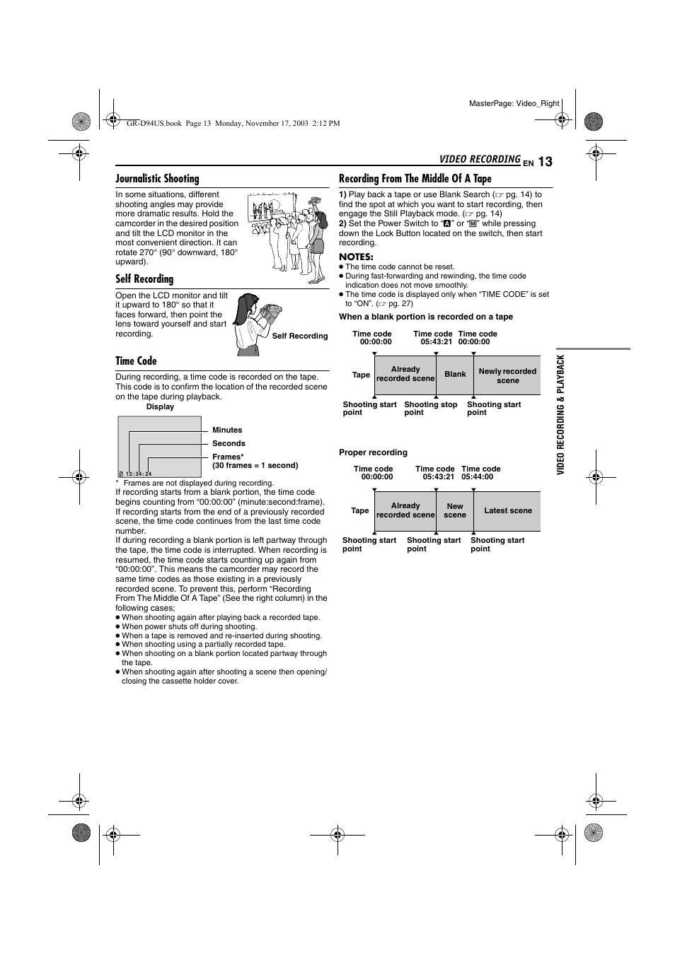 Journalistic shooting, Self recording, Time code | Recording from the middle of a tape, Pg. 13) | JVC 0104-FO-ID-PJ User Manual | Page 13 / 56