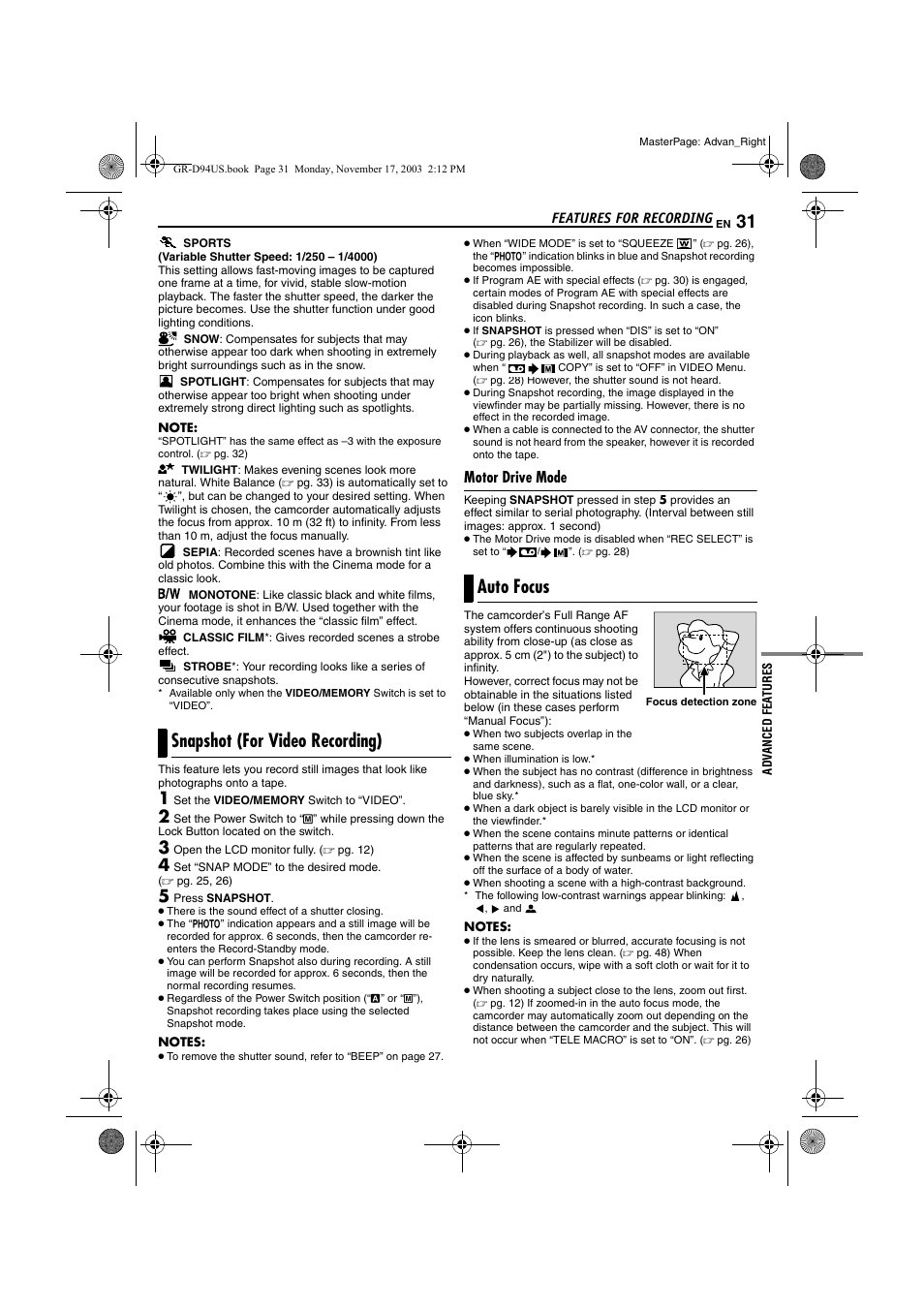 Snapshot (for video recording), Motor drive mode, Auto focus | Pg. 31), Snapshot (for video recording) auto focus | JVC 0104-FO-ID-PJ User Manual | Page 31 / 56