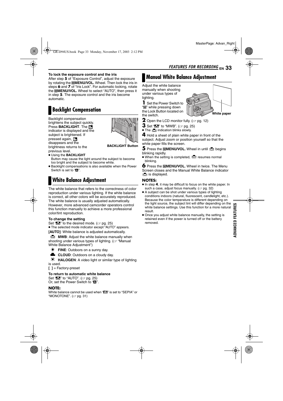 Backlight compensation, White balance adjustment, Manual white balance adjustment | Pg. 33) i, Pg. 33), Backlight compensation white balance adjustment | JVC 0104-FO-ID-PJ User Manual | Page 33 / 56