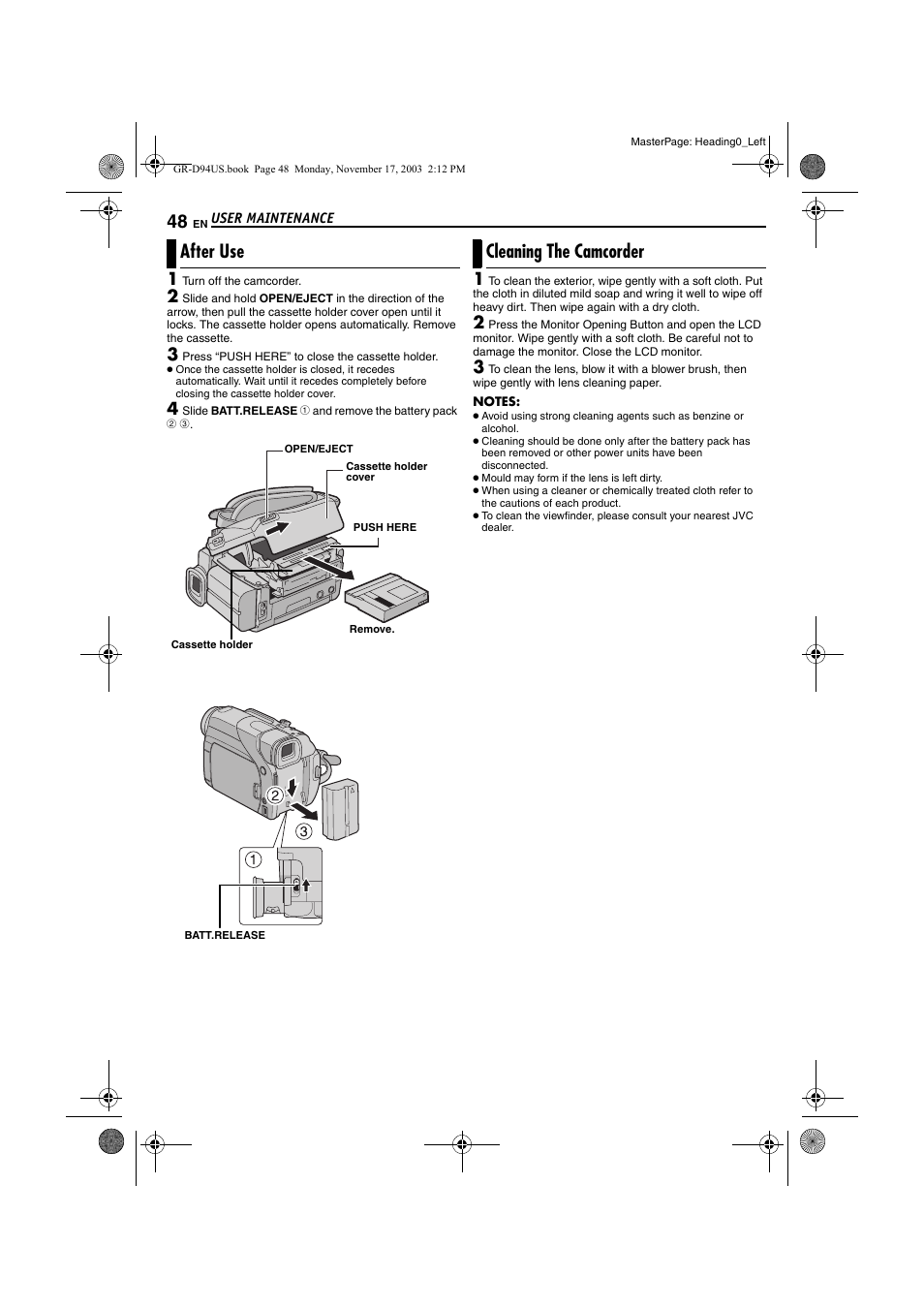 User maintenance, After use, Cleaning the camcorder | Pg. 48) whe, Pg. 48) | JVC 0104-FO-ID-PJ User Manual | Page 48 / 56