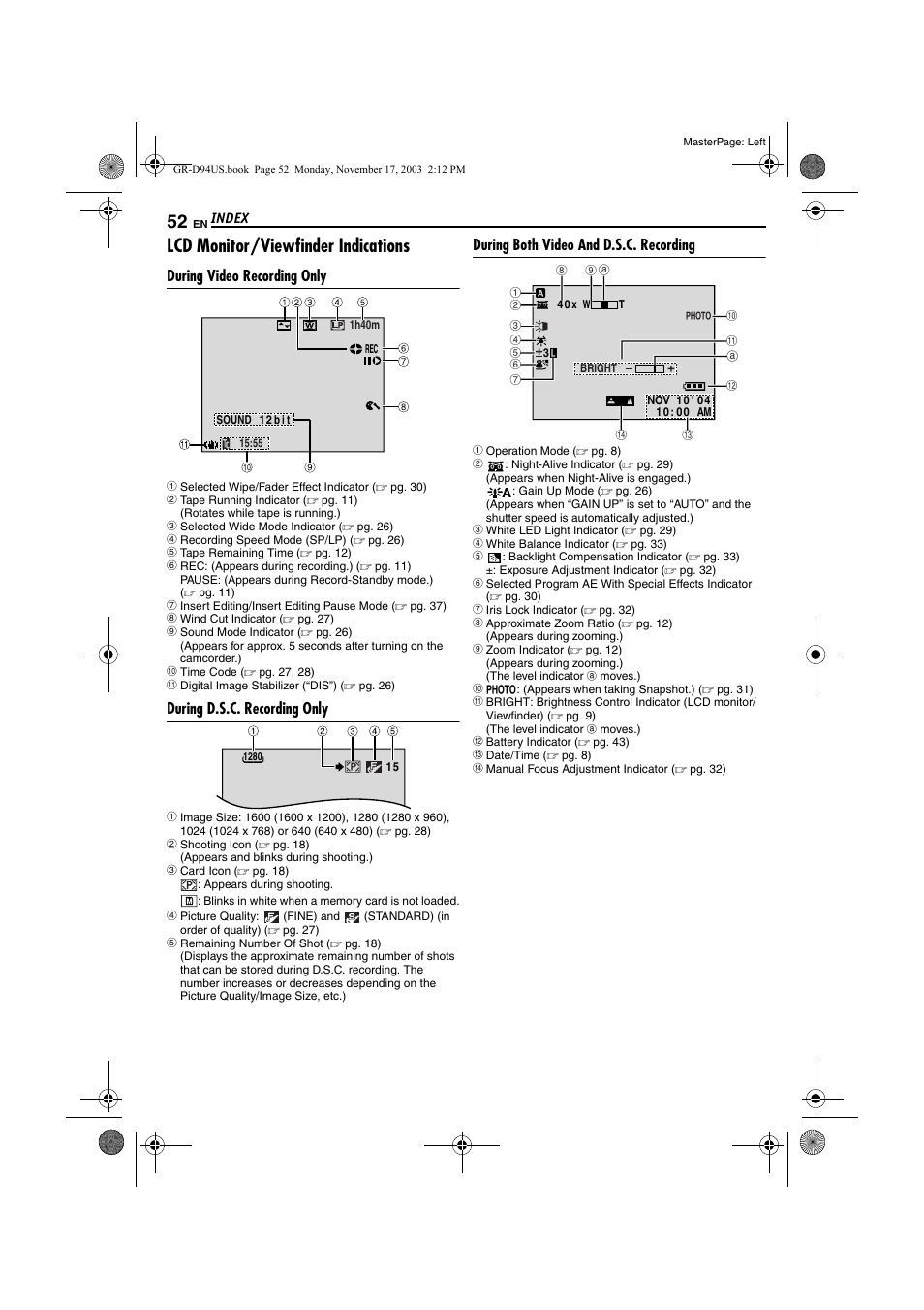 Lcd monitor/viewfinder indications, During video recording only, During d.s.c. recording only | During both video and d.s.c. recording, Pg. 52), S (੬ pg. 52) | JVC 0104-FO-ID-PJ User Manual | Page 52 / 56