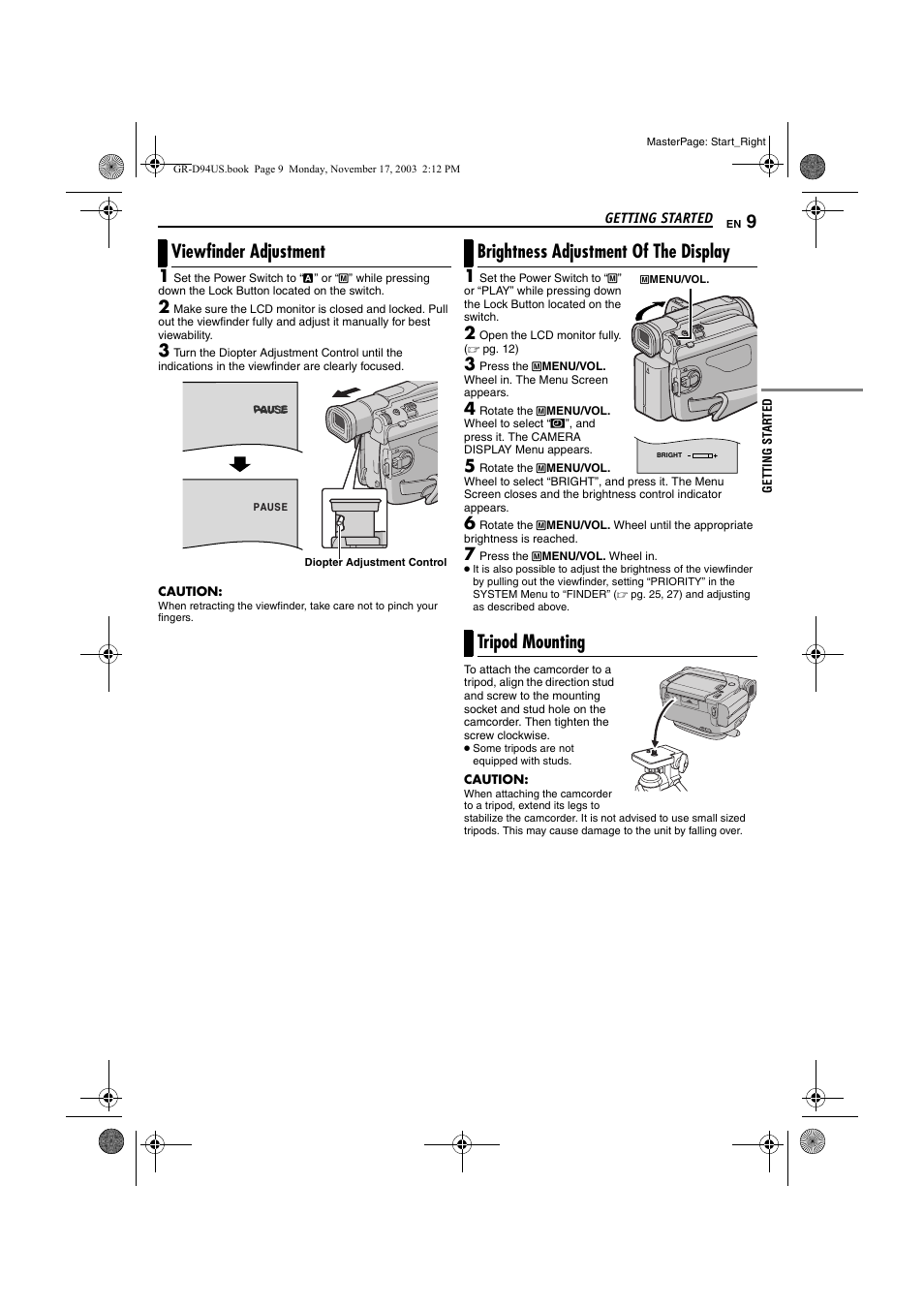 Viewfinder adjustment, Brightness adjustment of the display, Tripod mounting | JVC 0104-FO-ID-PJ User Manual | Page 9 / 56