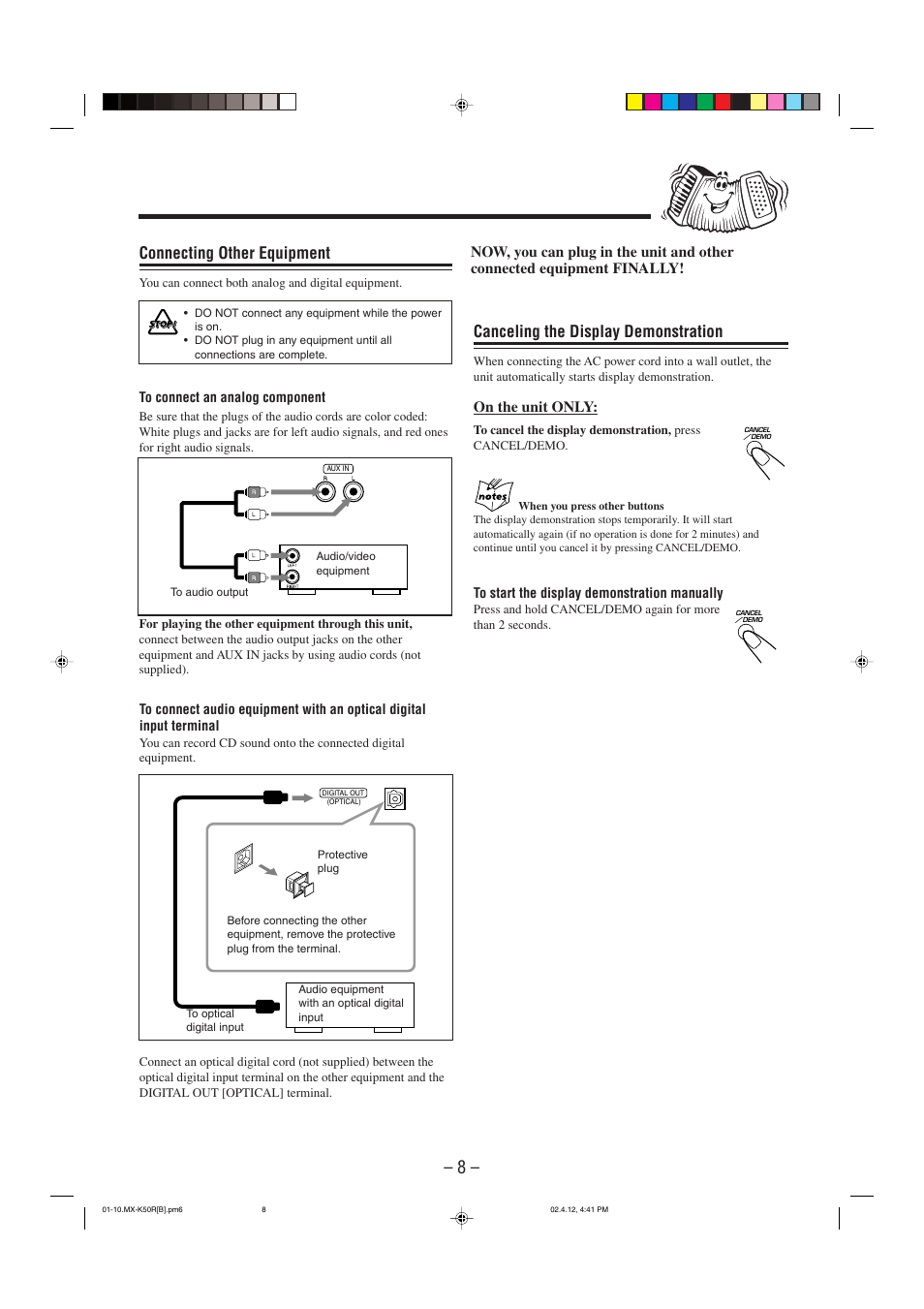 Canceling the display demonstration, Connecting other equipment, On the unit only | JVC CA-MXK50R User Manual | Page 11 / 38
