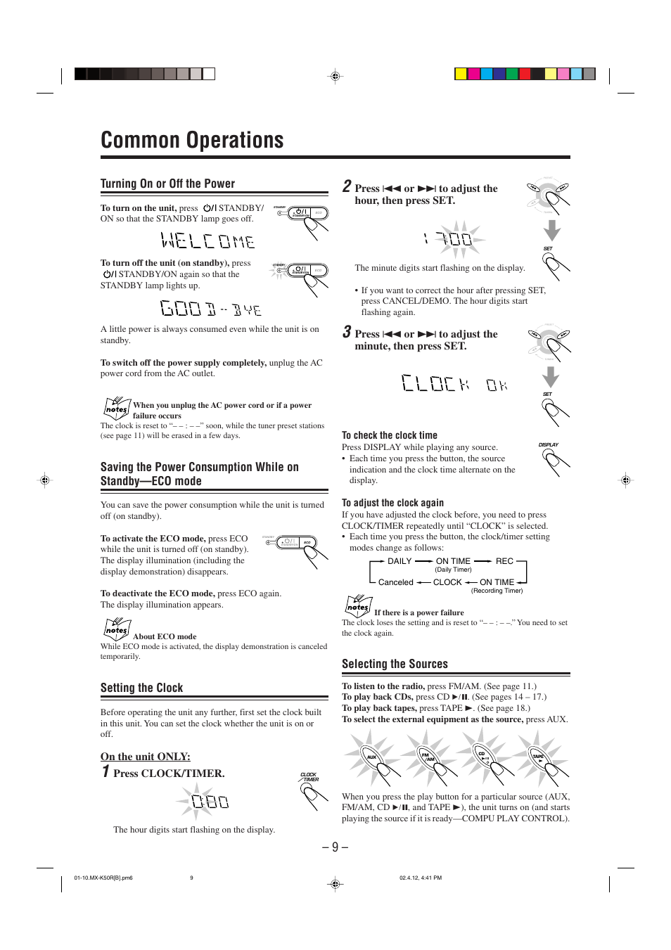 Common operations, Turning on or off the power, Setting the clock | Selecting the sources | JVC CA-MXK50R User Manual | Page 12 / 38