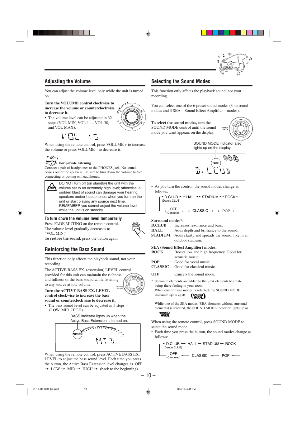 Selecting the sound modes, Adjusting the volume, Reinforcing the bass sound | JVC CA-MXK50R User Manual | Page 13 / 38