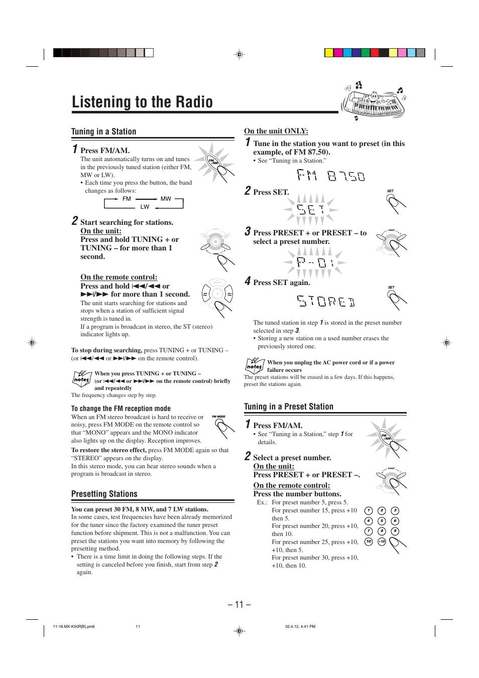 Listening to the tadio, Listening to the radio, Tuning in a station | Presetting stations, Tuning in a preset station | JVC CA-MXK50R User Manual | Page 14 / 38