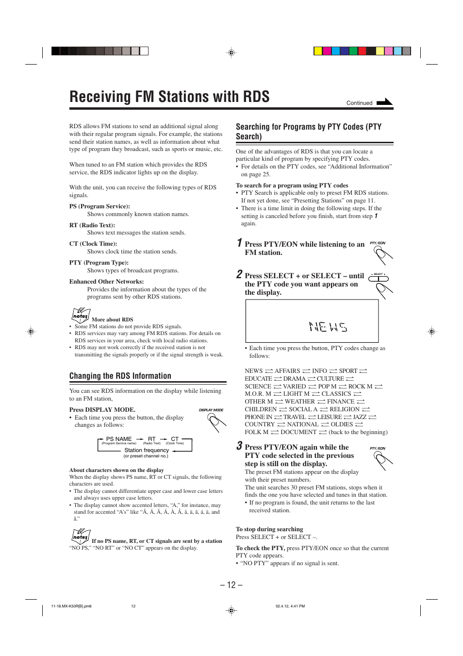 Receiving fm stations with rds, Searching for programs by pty codes (pty search), Changing the rds information | JVC CA-MXK50R User Manual | Page 15 / 38