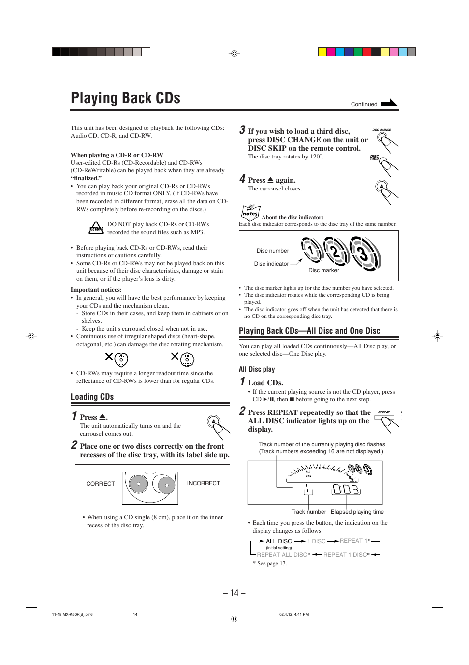 Playing back cds, Playing back cds—all disc and one disc, Loading cds | JVC CA-MXK50R User Manual | Page 17 / 38