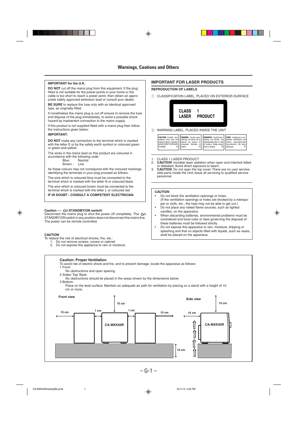 Warnings, cautions and others, Class 1 laser product | JVC CA-MXK50R User Manual | Page 2 / 38