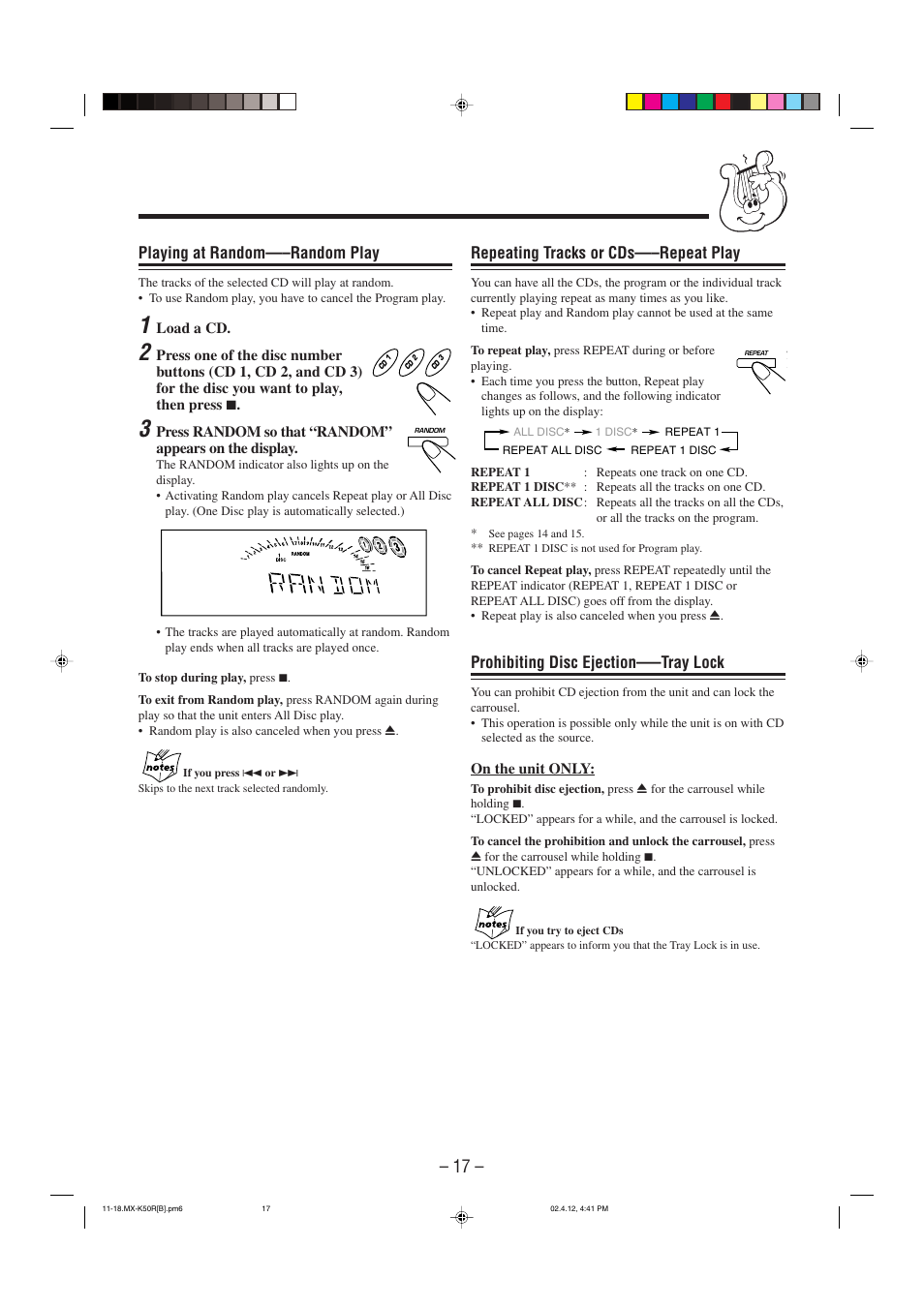 Playing at random—–random play, Repeating tracks or cds—–repeat play, Prohibiting disc ejection—–tray lock | JVC CA-MXK50R User Manual | Page 20 / 38