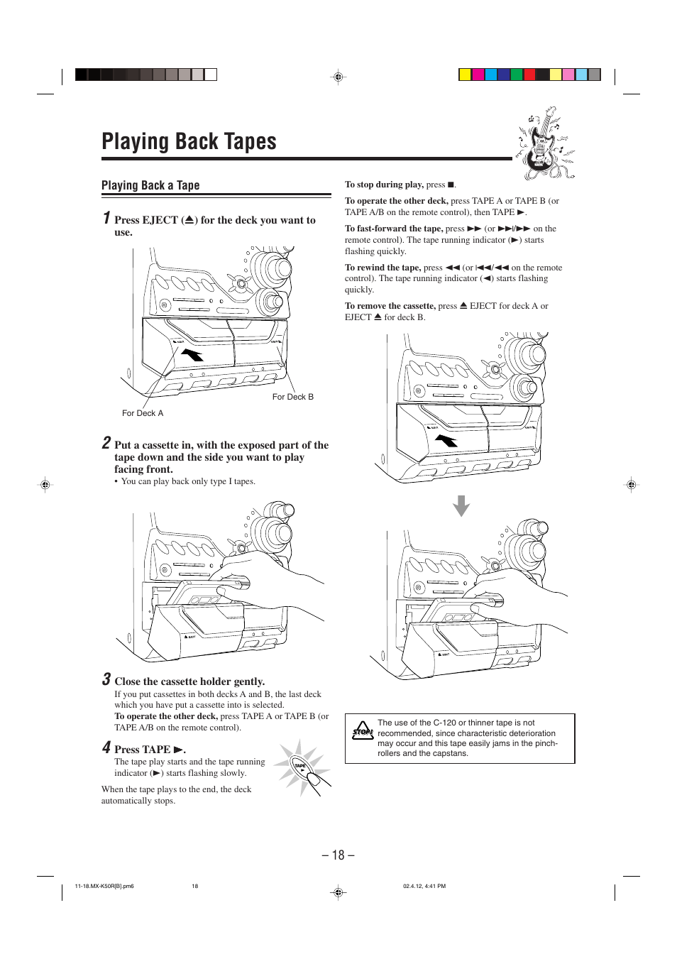 Playing back tapes | JVC CA-MXK50R User Manual | Page 21 / 38
