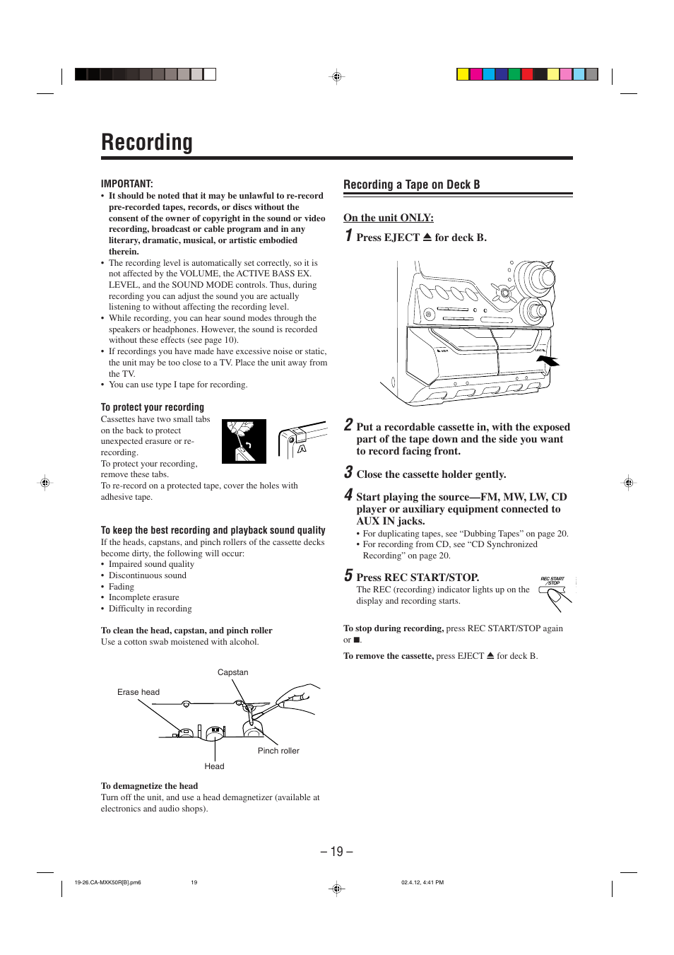 Recording | JVC CA-MXK50R User Manual | Page 22 / 38