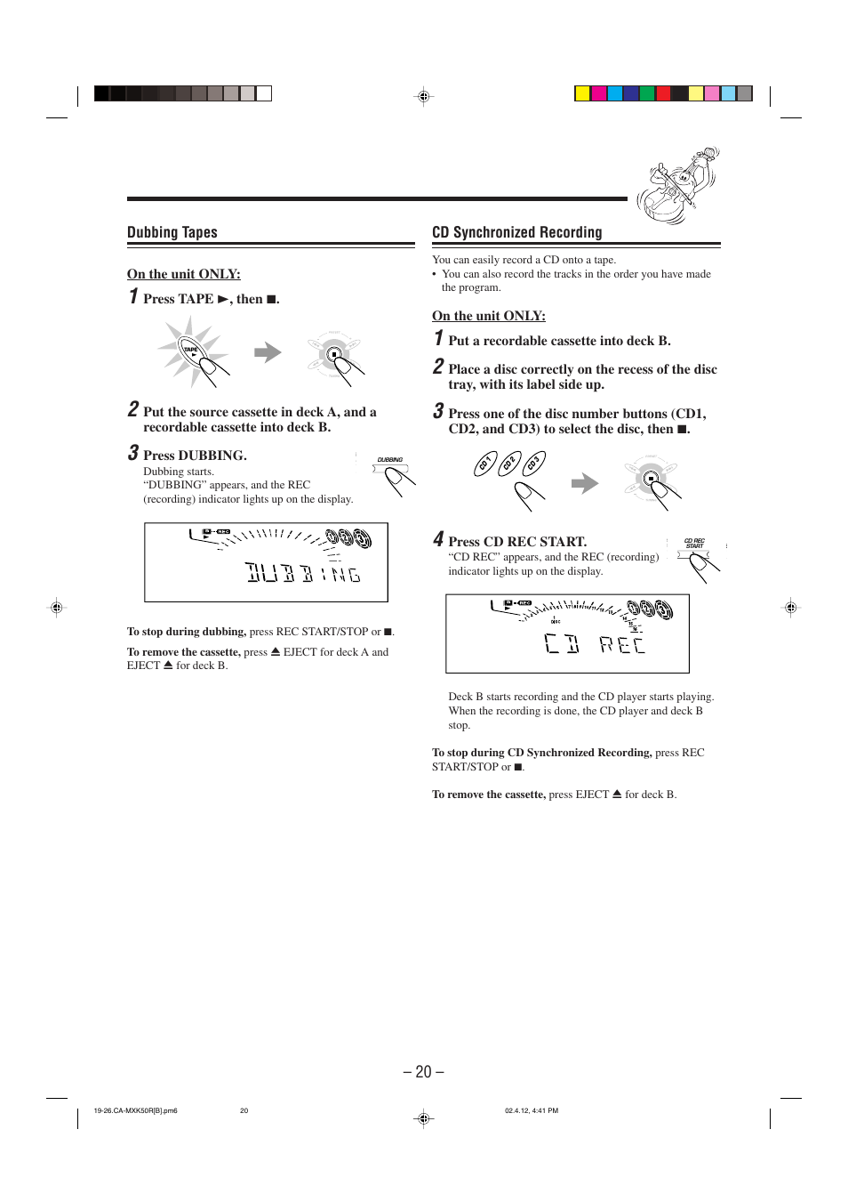 Cd synchronized recording, Dubbing tapes | JVC CA-MXK50R User Manual | Page 23 / 38