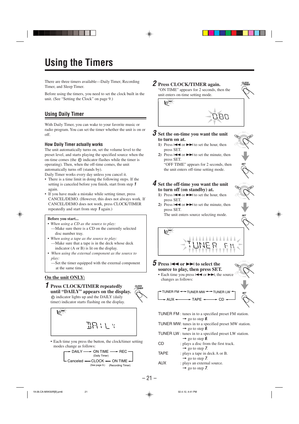 Using the timers, Using daily timer | JVC CA-MXK50R User Manual | Page 24 / 38