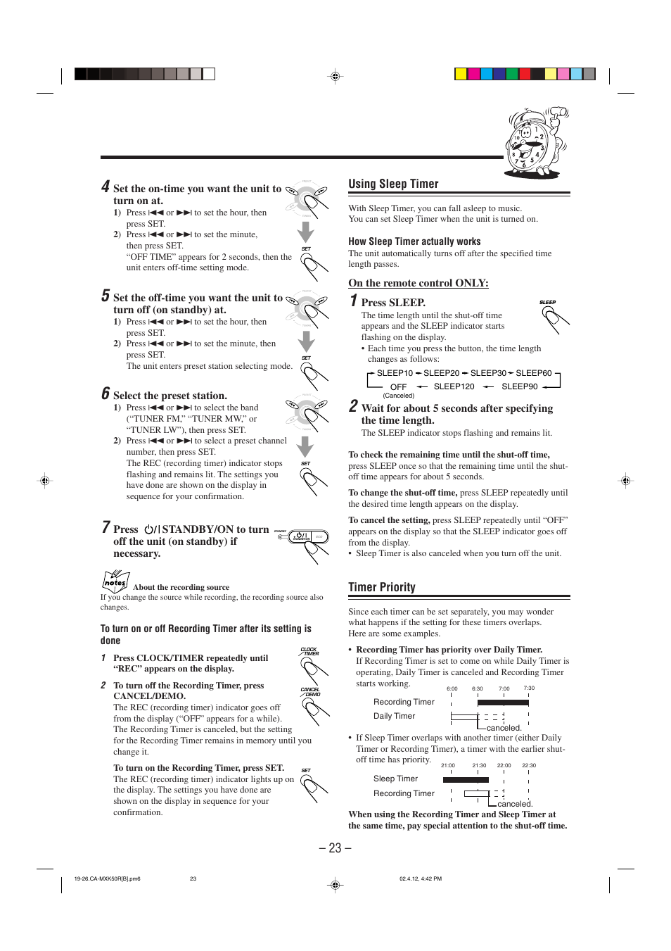 Using sleep timer, Timer priority | JVC CA-MXK50R User Manual | Page 26 / 38