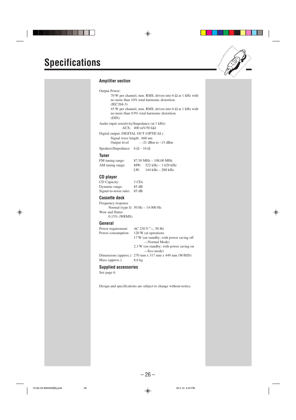 Specifications | JVC CA-MXK50R User Manual | Page 29 / 38