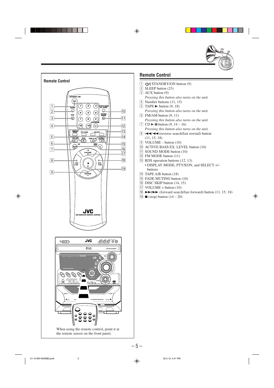 Remote control, Standby/on standby | JVC CA-MXK50R User Manual | Page 8 / 38