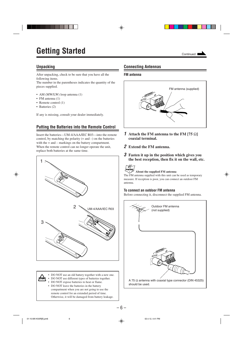 Getting started, Unpacking, Putting the batteries into the remote control | Connecting antennas | JVC CA-MXK50R User Manual | Page 9 / 38