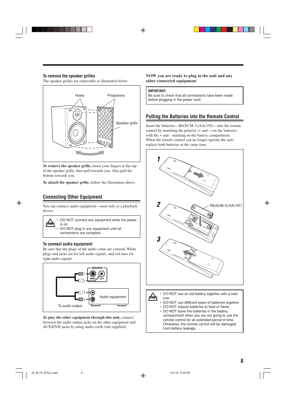 Connecting other equipment, Putting the batteries into the remote control | JVC CA-FSS57 User Manual | Page 11 / 32