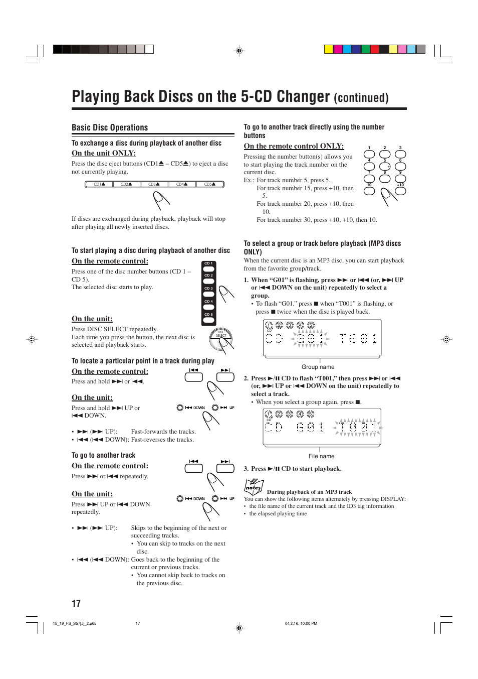 Playing back discs on the 5-cd changer, Continued), Basic disc operations | JVC CA-FSS57 User Manual | Page 20 / 32