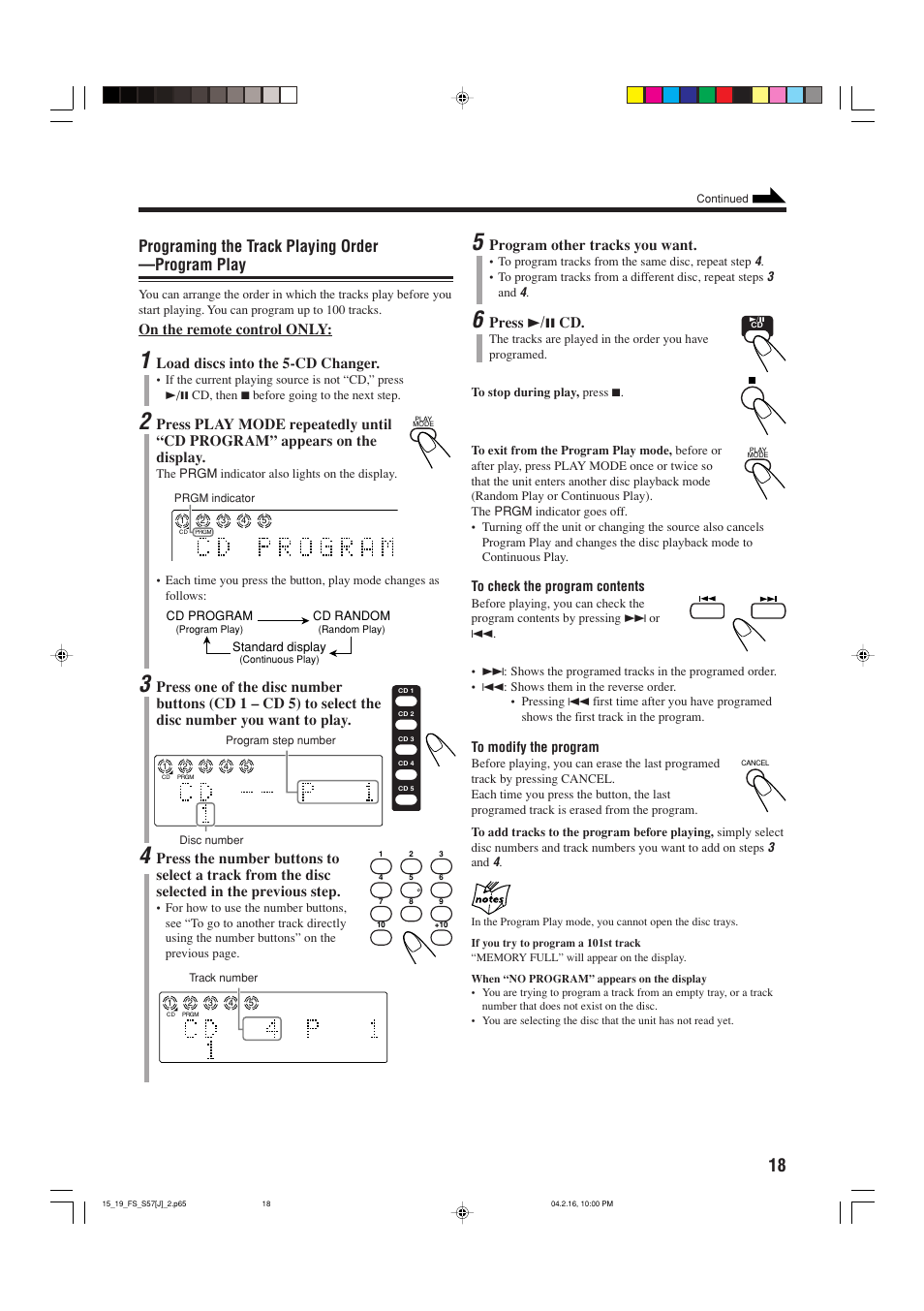 Programing the track playing order —program play, On the remote control only, Load discs into the 5-cd changer | Program other tracks you want, Press 3 / 8 cd | JVC CA-FSS57 User Manual | Page 21 / 32