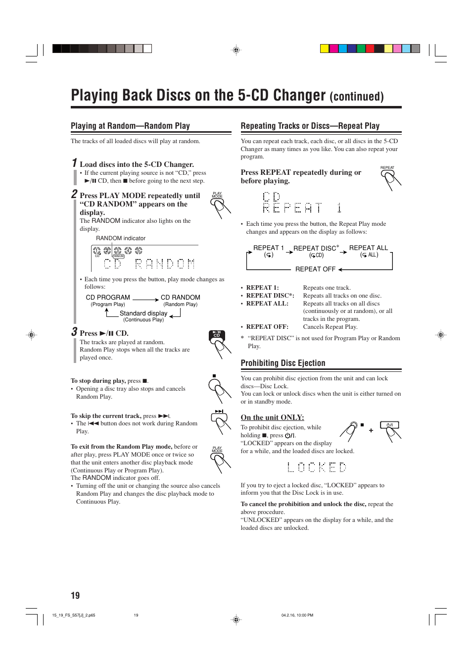 Playing back discs on the 5-cd changer, Continued), Prohibiting disc ejection | Repeating tracks or discs—repeat play, Playing at random—random play | JVC CA-FSS57 User Manual | Page 22 / 32