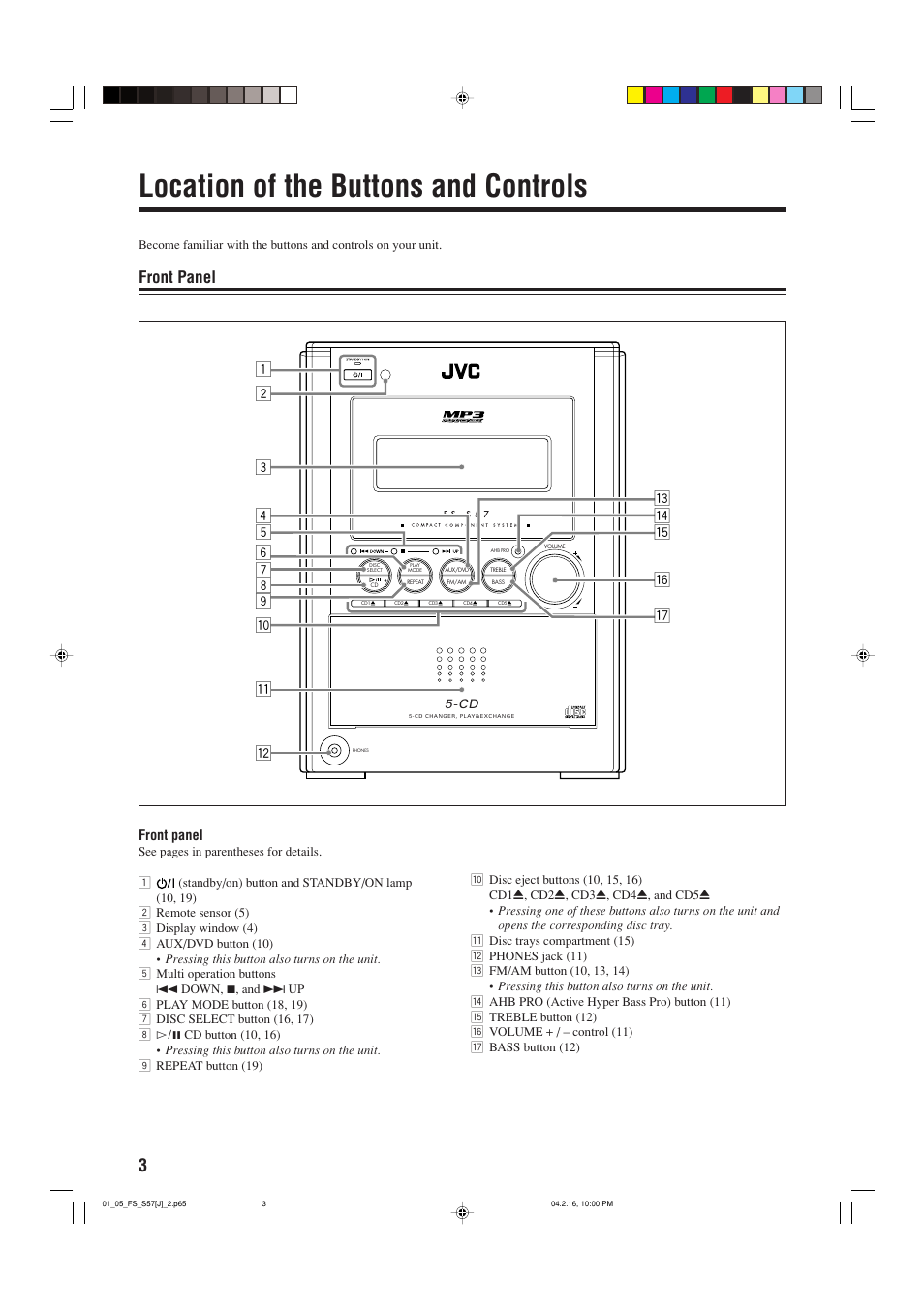 Location of the buttons and controls, Front panel | JVC CA-FSS57 User Manual | Page 6 / 32