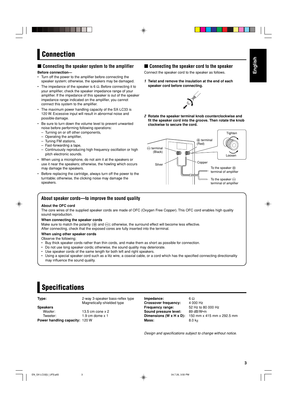 Connection, Specifications, English | Connecting the speaker cord to the speaker, Connecting the speaker system to the amplifier, About speaker cords—to improve the sound quality | JVC SX-LC33 User Manual | Page 3 / 9