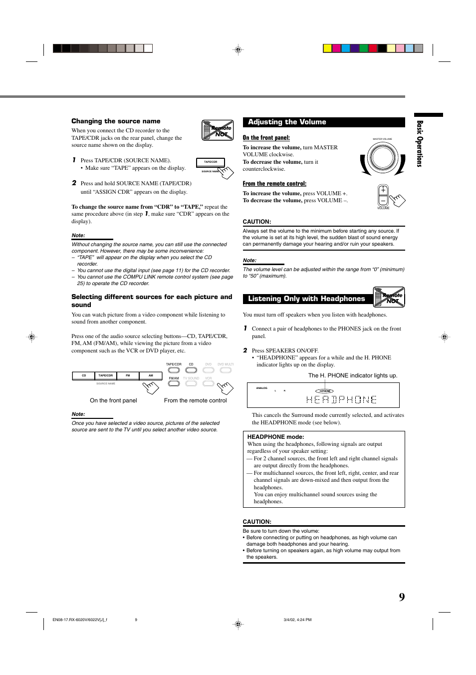 Basic operations, Adjusting the volume, Listening only with headphones | JVC RX-6022VSL User Manual | Page 11 / 36