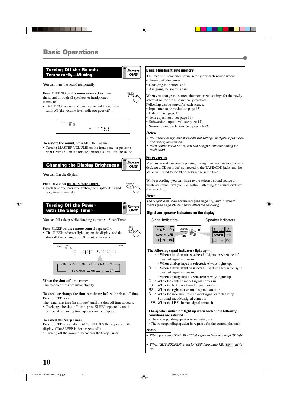 Basic operations, Turning off the sounds temporarily—muting, Changing the display brightness | Turning off the power with the sleep timer, For recording, Signal and speaker indicators on the display | JVC RX-6022VSL User Manual | Page 12 / 36