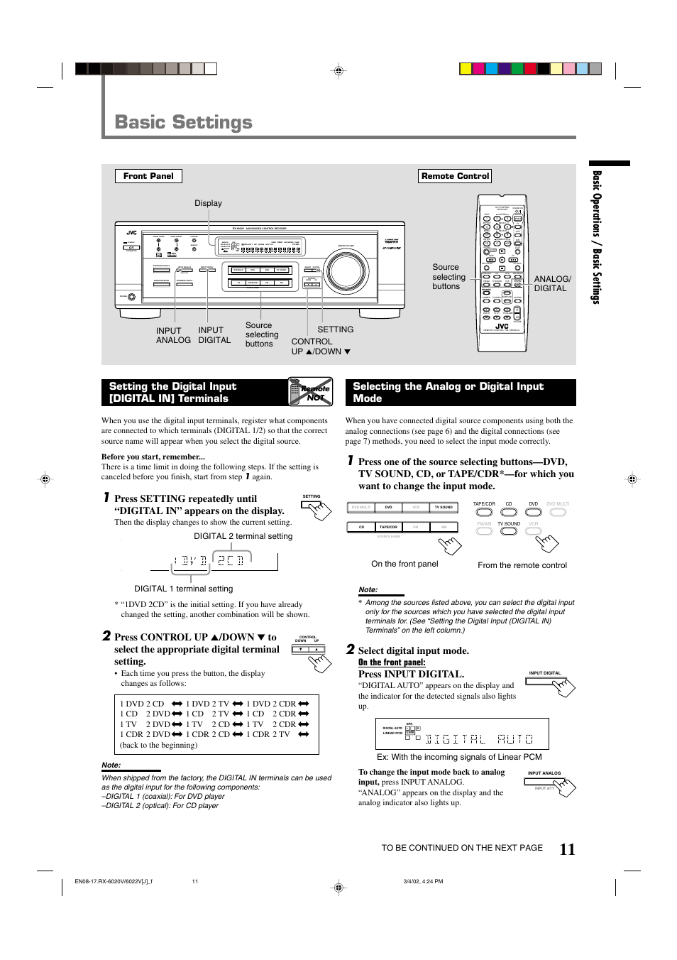 Basic settings, Basic operations / basic settings, Selecting the analog or digital input mode | Select digital input mode, Press input digital, Setting the digital input [digital in] terminals, Standby, Input att, Lc ls rs, Rs.wfr | JVC RX-6022VSL User Manual | Page 13 / 36