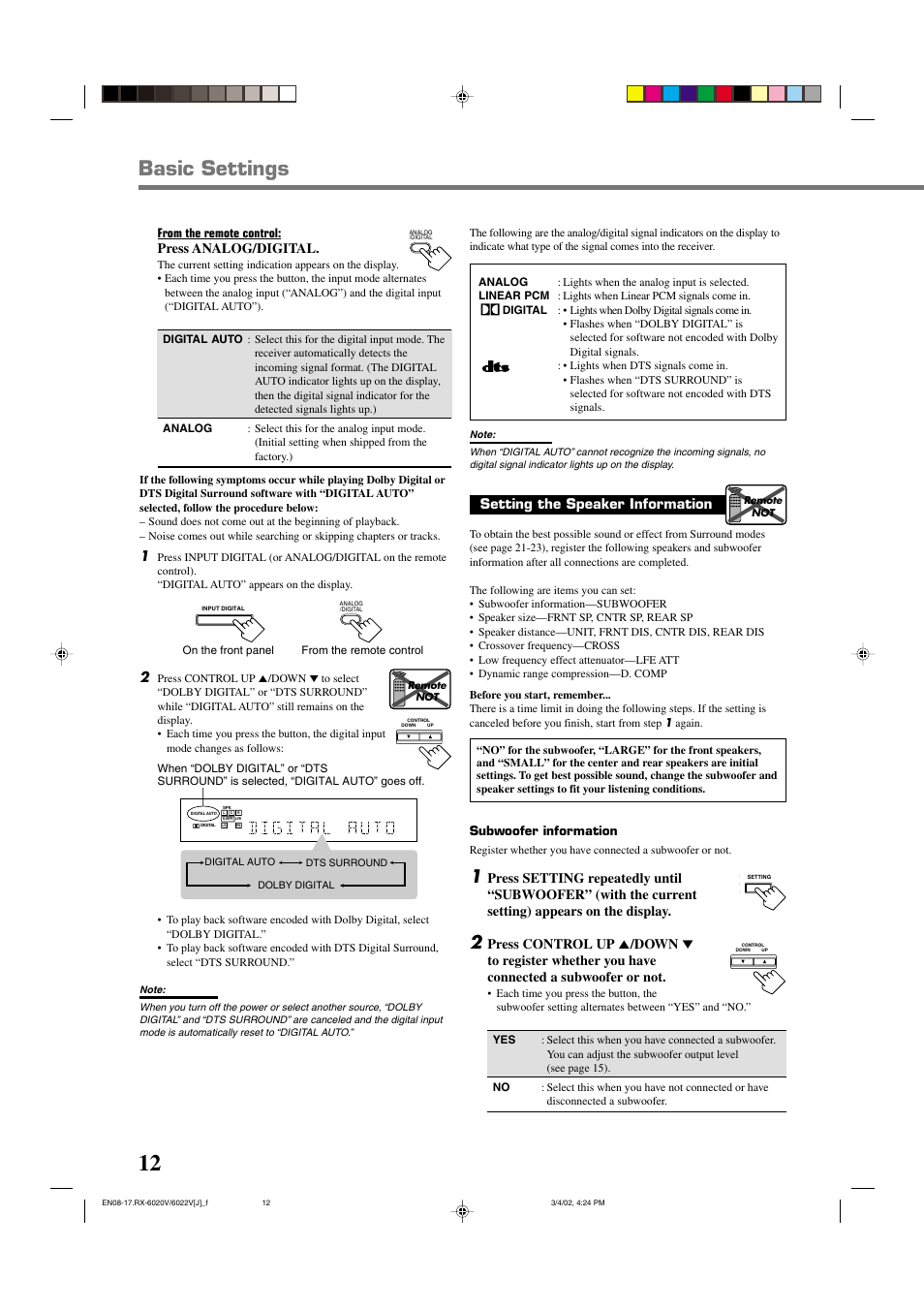 Basic settings, Setting the speaker information, Press analog/digital | JVC RX-6022VSL User Manual | Page 14 / 36