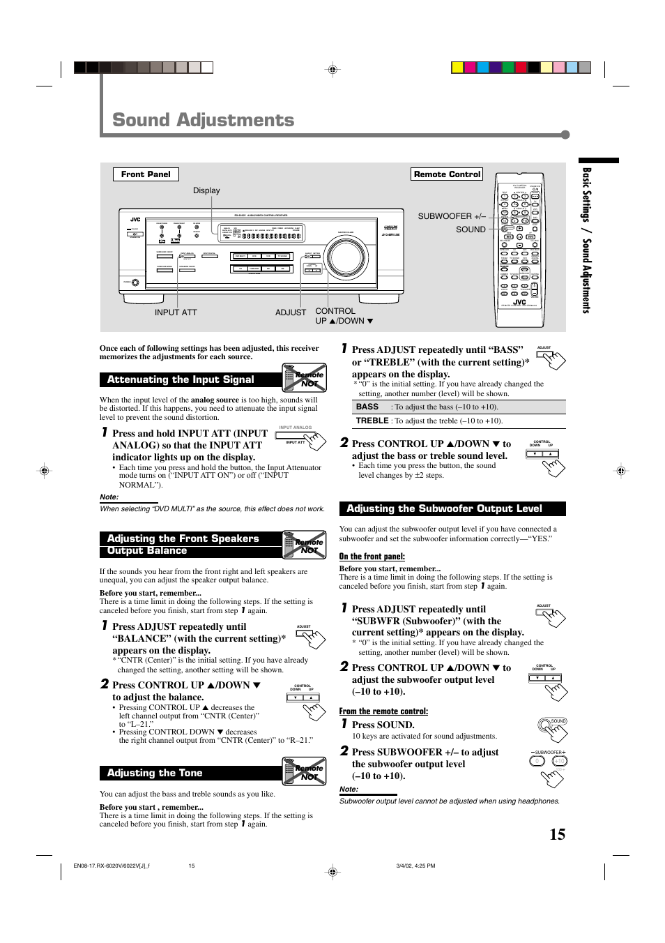 Sound adjustments, Basic settings / sound adjustments, Attenuating the input signal | Adjusting the front speakers output balance, Press control up 5 /down ∞ to adjust the balance, Adjusting the tone, Standby, Input att, Lc s.wfr ls rs, Slfe | JVC RX-6022VSL User Manual | Page 17 / 36