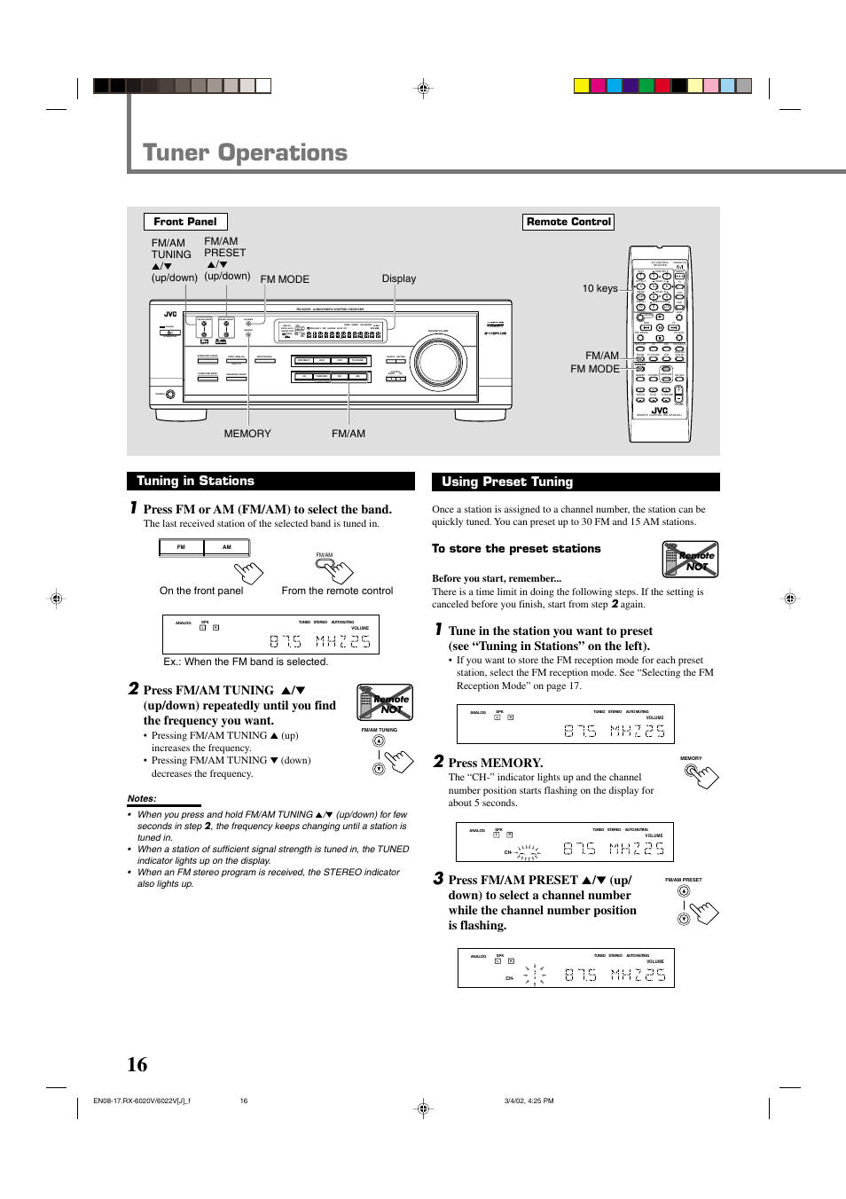 Tuner operations, Tuning in stations, Press fm or am (fm/am) to select the band | Using preset tuning, Standby, Input att, Lc s.wfr ls rs, Slfe, Remote not | JVC RX-6022VSL User Manual | Page 18 / 36