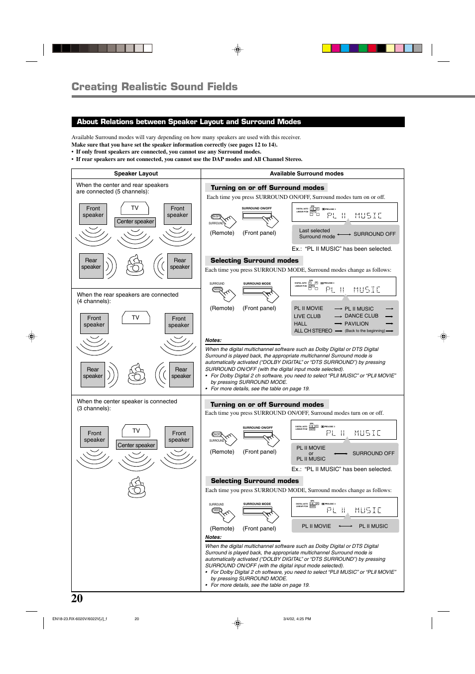 Creating realistic sound fields, Turning on or off surround modes, Selecting surround modes | JVC RX-6022VSL User Manual | Page 22 / 36