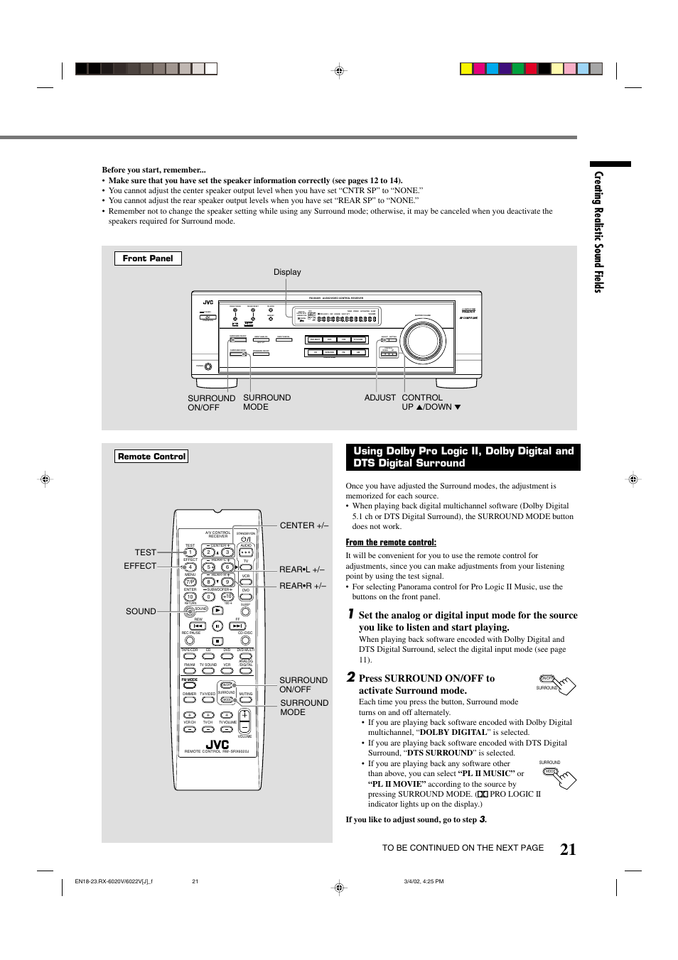 Creating realistic sound fields, Press surround on/off to activate surround mode, Standby | Input att, Lc s.wfr ls rs, Slfe | JVC RX-6022VSL User Manual | Page 23 / 36