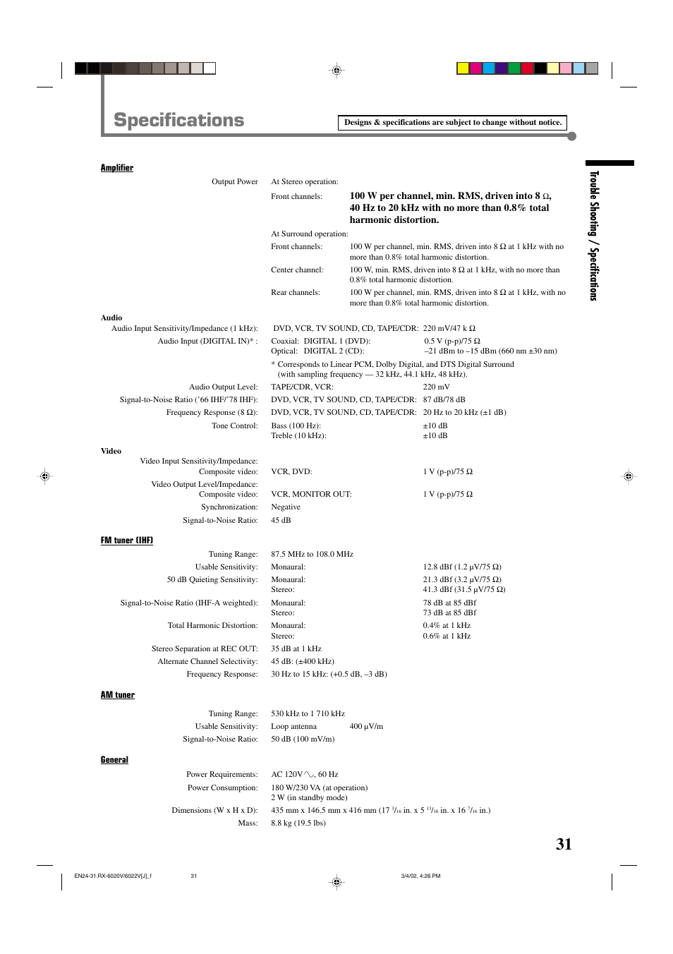 Specifications, Trouble shooting / specifications | JVC RX-6022VSL User Manual | Page 33 / 36