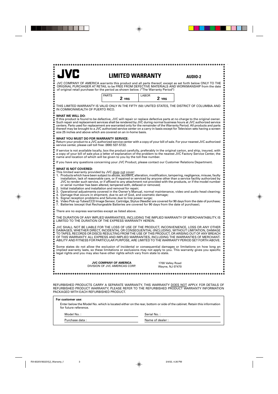 Limited warranty, Audio-2 | JVC RX-6022VSL User Manual | Page 35 / 36