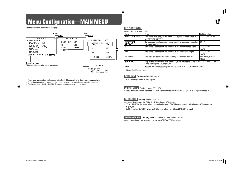 Menu configuration-main menu, Menu configuration—main menu | JVC DT-V24G1 User Manual | Page 12 / 28