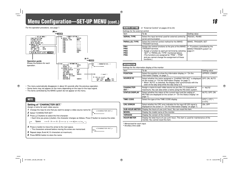 Menu configuration—set-up menu, Cont.) | JVC DT-V24G1 User Manual | Page 18 / 28