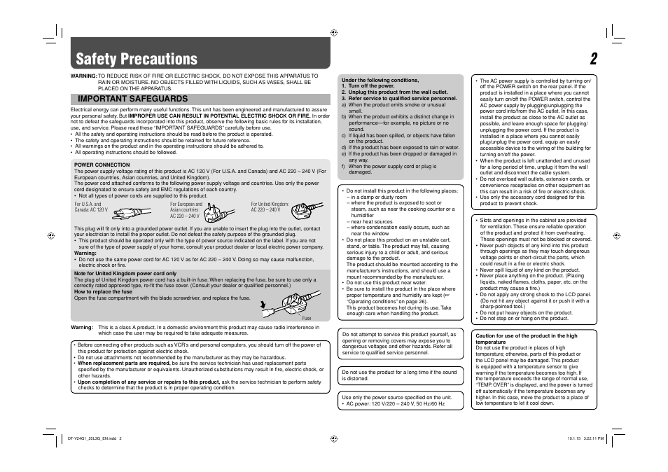 Safety precautions, Important safeguards | JVC DT-V24G1 User Manual | Page 2 / 28