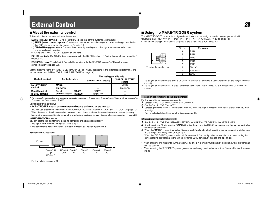 External control, About the external control, Using the make/trigger system | 7 about the external control, 7 using the make/trigger system | JVC DT-V24G1 User Manual | Page 20 / 28