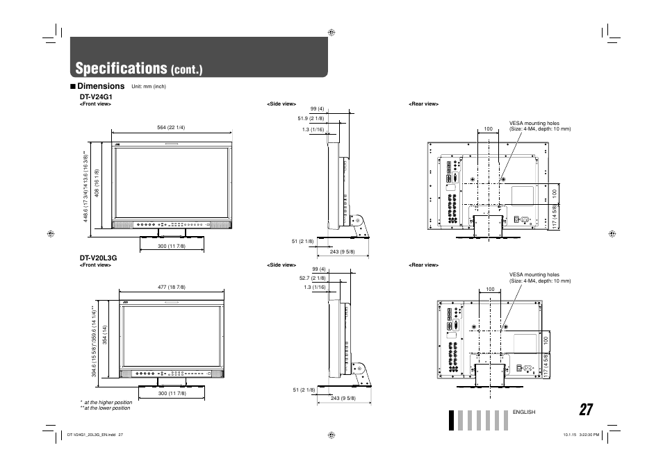 Dimensions, Specifications, Cont.) | 7 dimensions | JVC DT-V24G1 User Manual | Page 27 / 28