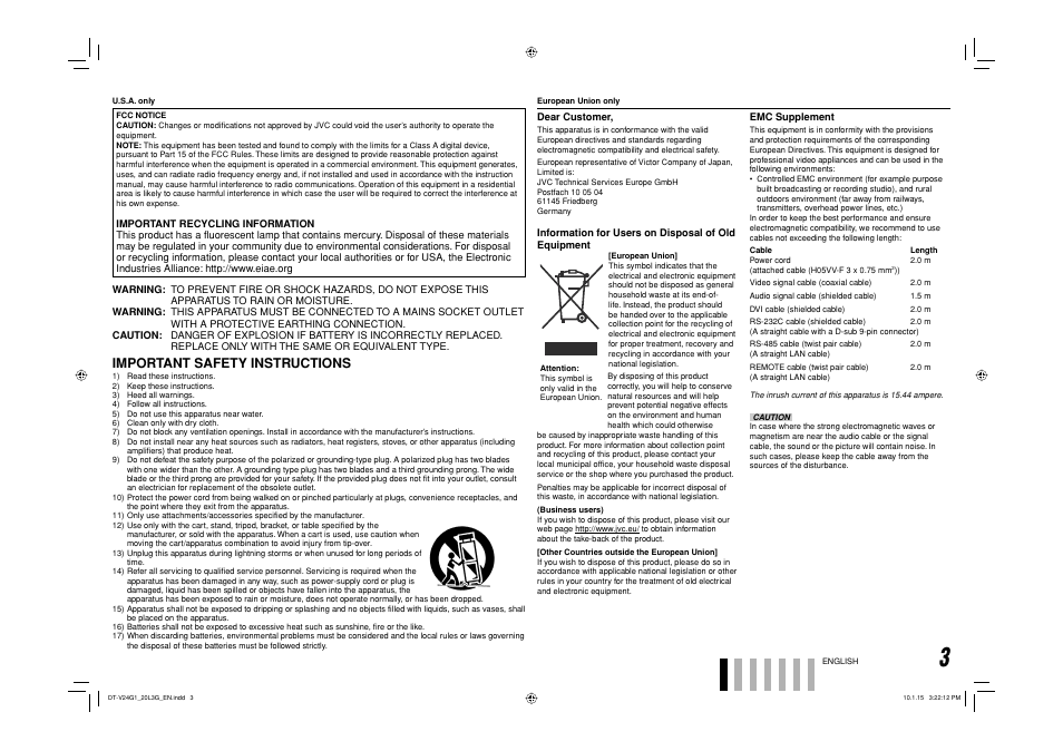 Important safety instructions | JVC DT-V24G1 User Manual | Page 3 / 28