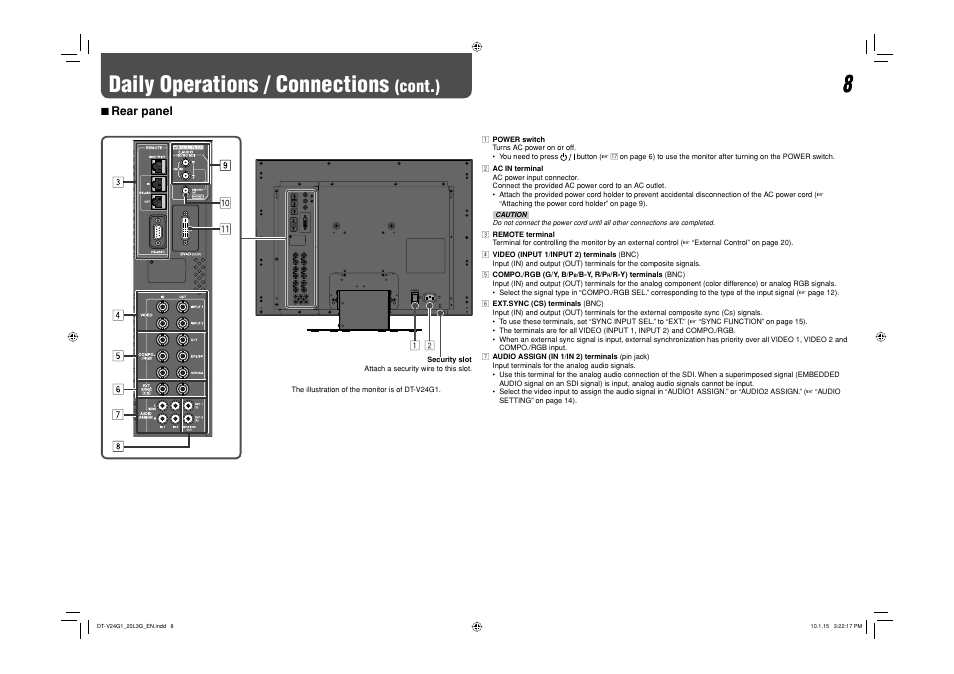 Rear panel, Daily operations / connections, Cont.) | 7 rear panel | JVC DT-V24G1 User Manual | Page 8 / 28