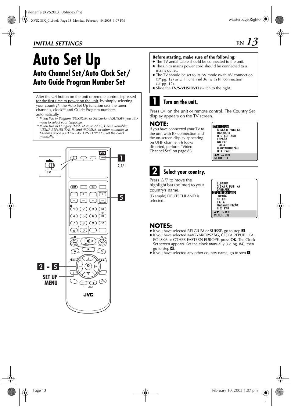 Initial settings, Auto set up, Pg. 13 | JVC HR-XVS20E User Manual | Page 13 / 96