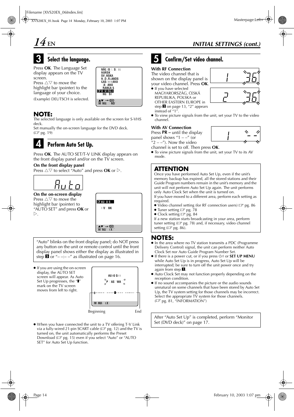 Pg. 14, Initial settings (cont.), Perform auto set up | Confirm/set video channel, Attention | JVC HR-XVS20E User Manual | Page 14 / 96